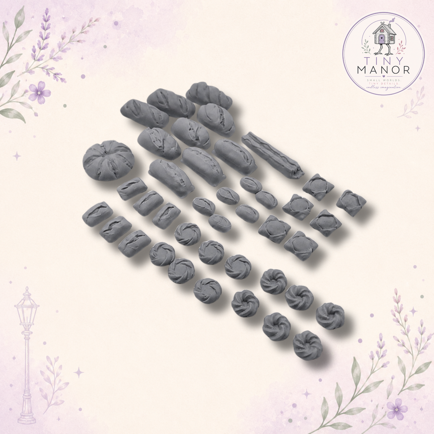 1:12 scale artisan bread collection featuring approximately 35 unpainted resin printed miniature loaves, rolls and pastries for dolls houses, bakeries and dioramas.