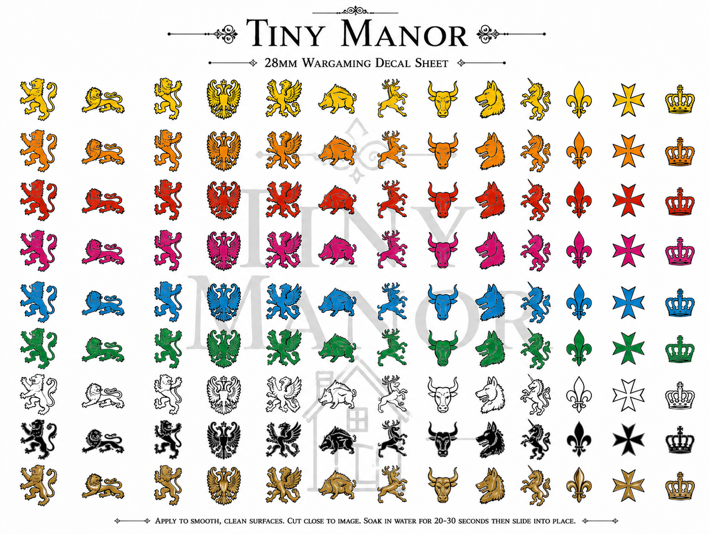 A4 28mm medieval wargaming decal sheet featuring colourful heraldic animals and symbols.