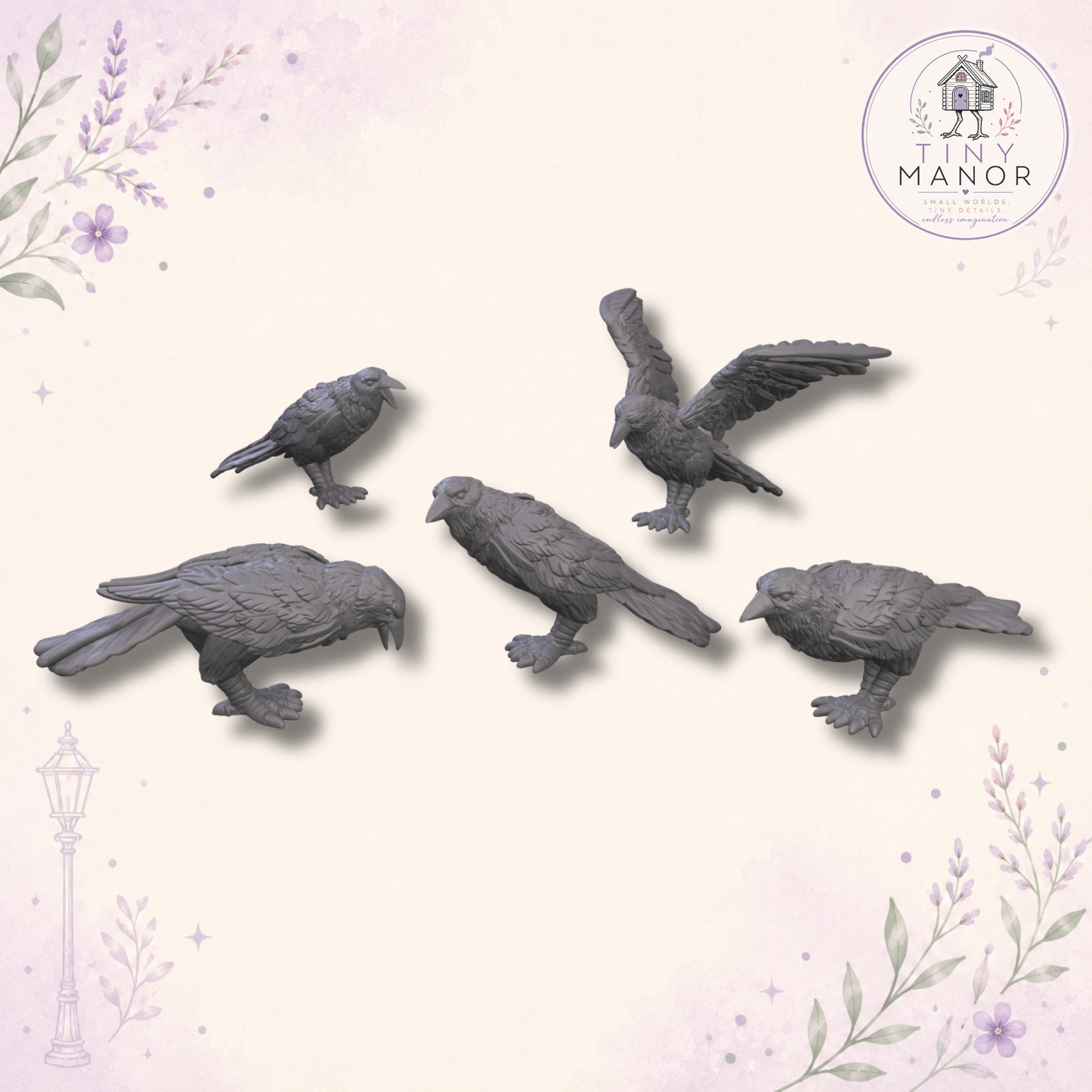 Set of five unpainted grey resin miniature crows in different poses for doll's houses and dioramas.