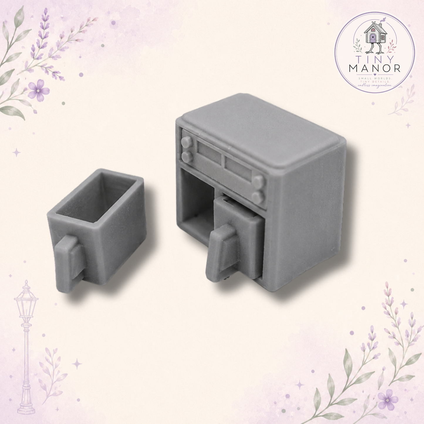Unpainted grey resin miniature dual air fryer available in 2.5cm and 4cm sizes.