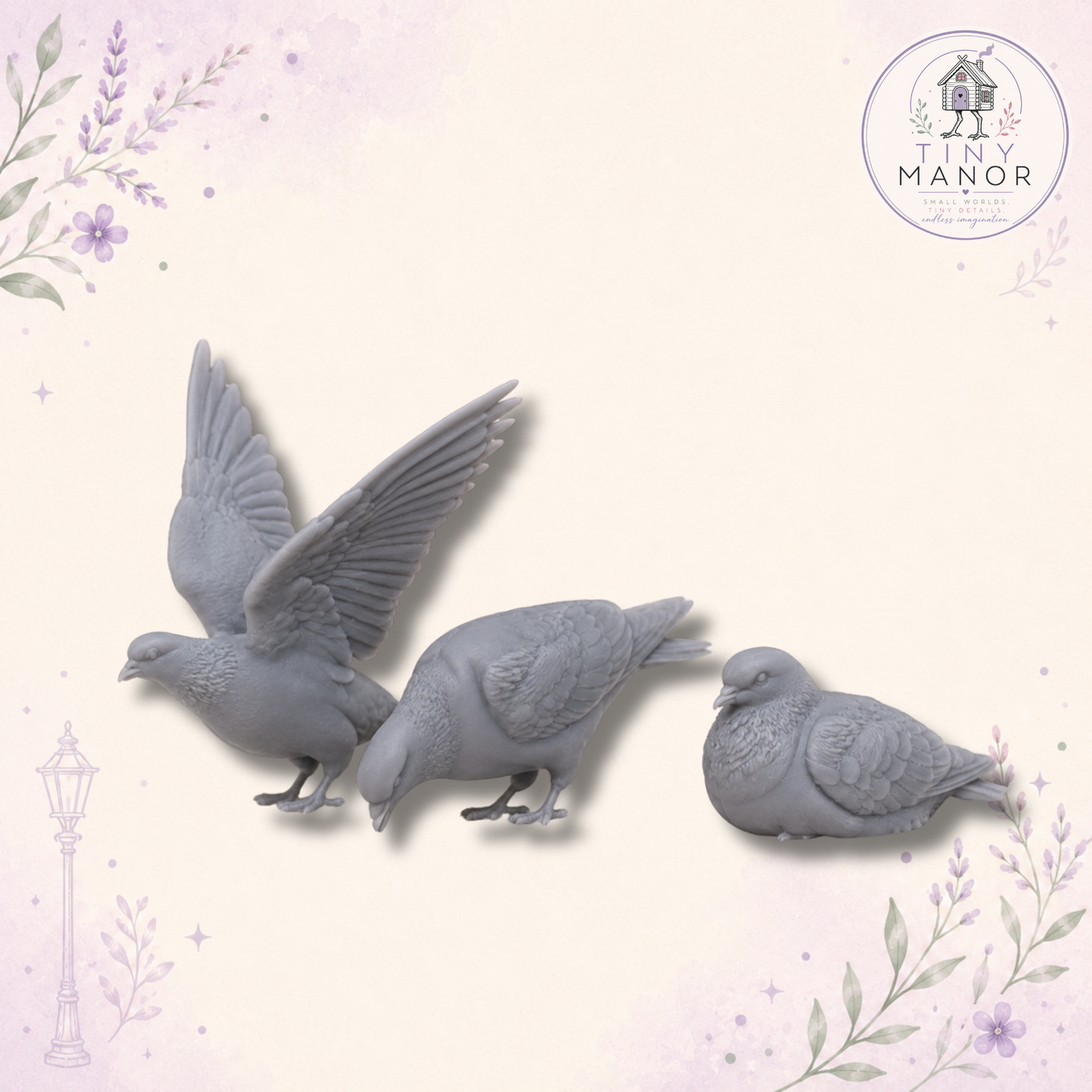 Resin printed miniature pigeon set including wings open, pecking and sitting poses.