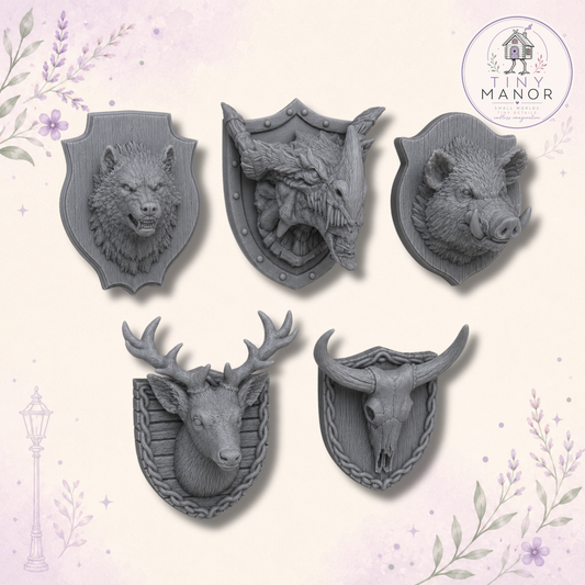 1:12 scale resin printed animal trophy head collection featuring wolf, dragon, boar, stag and bison wall-mounted plaques supplied unpainted.