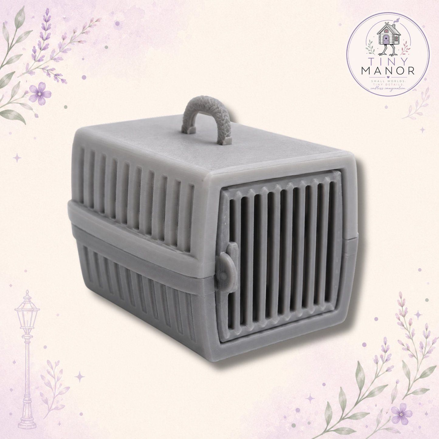 1:12 scale resin printed cat carrier supplied unpainted with detailed vented sides, barred front door and carry handle for dolls houses and miniature pet scenes.