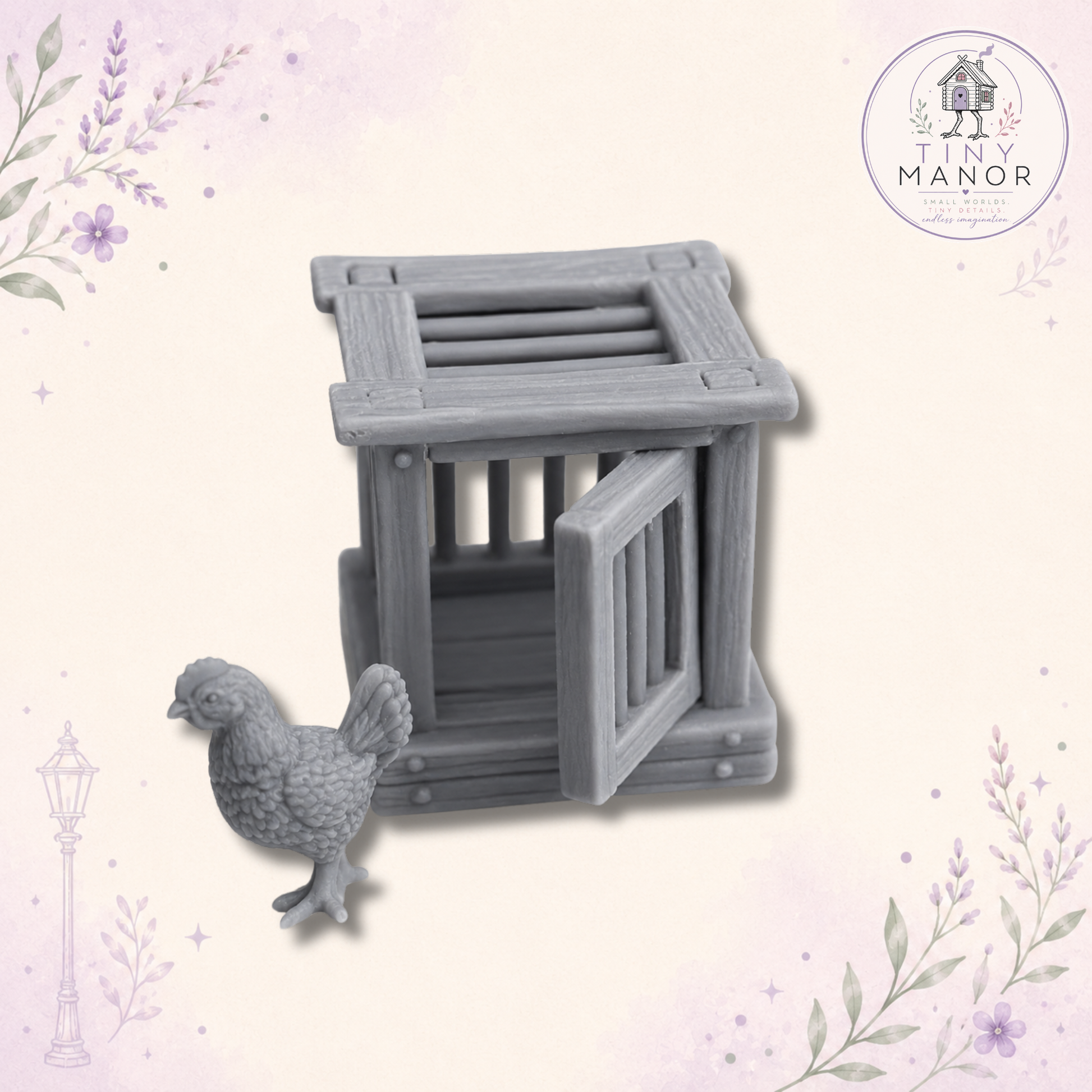 1:12 scale resin printed chicken coop with opening door and hen, supplied unpainted for dolls houses, miniature farms and countryside scenes.