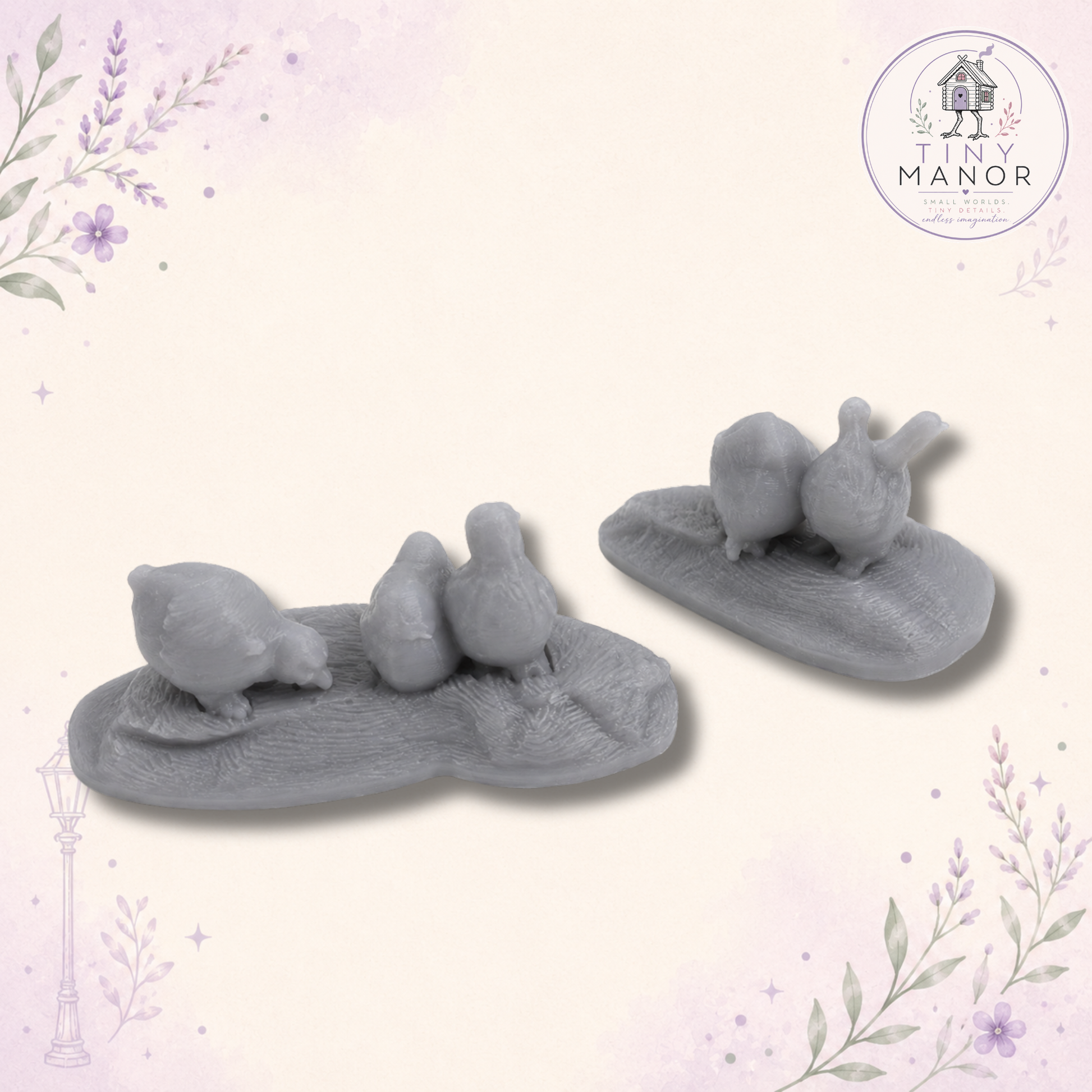 1:12 scale resin printed chicken set featuring 5 detailed chickens on 2 scenic bases, supplied unpainted for dolls houses, farmyards and miniature dioramas.