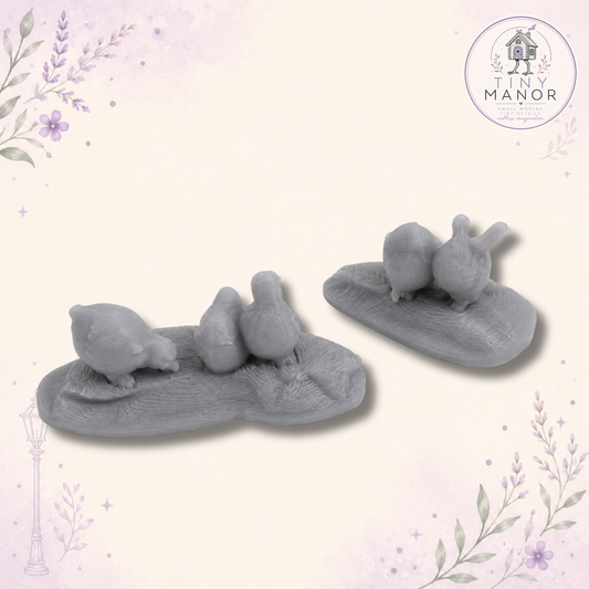 1:12 scale resin printed chicken set featuring 5 detailed chickens on 2 scenic bases, supplied unpainted for dolls houses, farmyards and miniature dioramas.