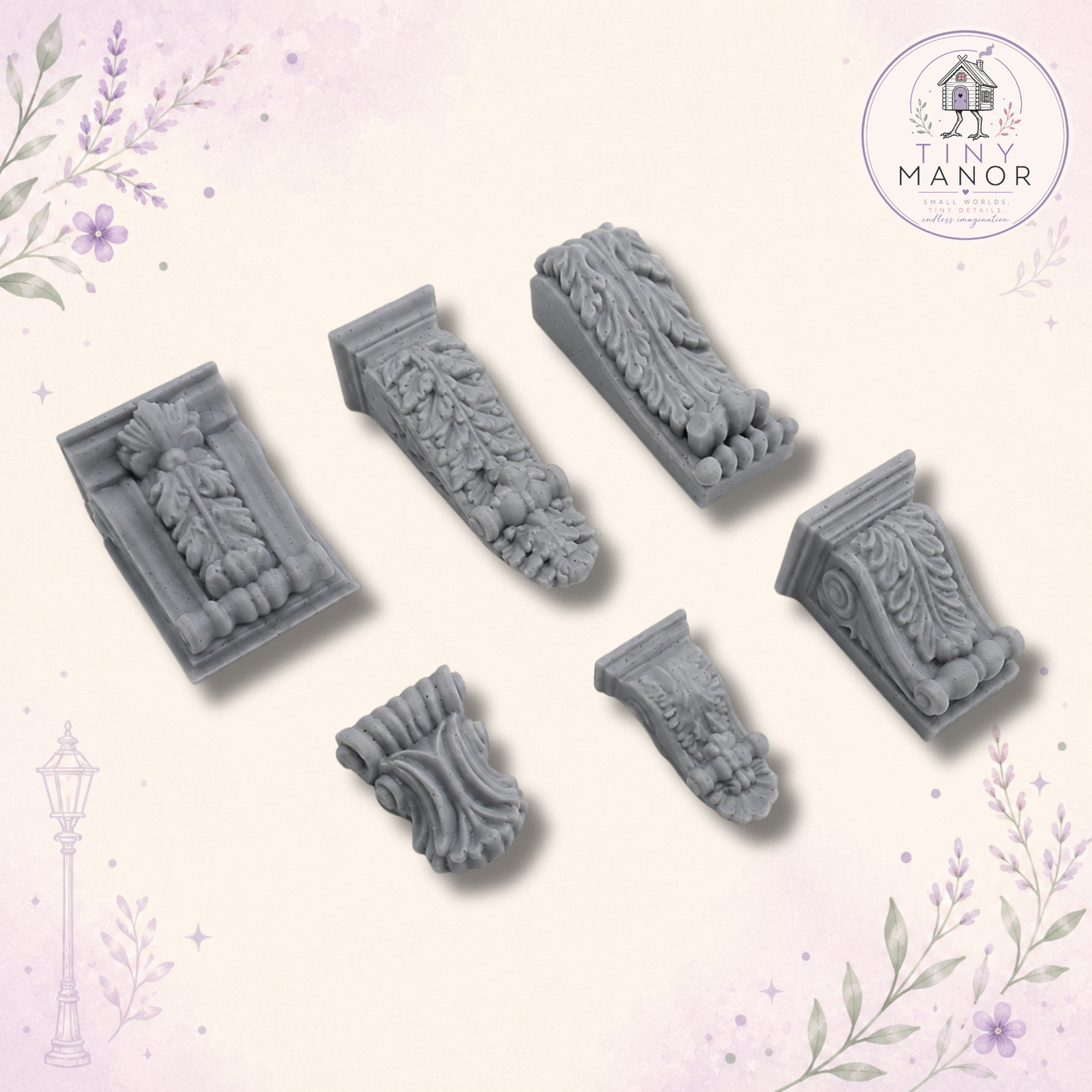 1:12 scale decorative corbels resin printed in grey and supplied unpainted, sold in pairs for miniature ceiling beams, fireplaces and dolls houses.