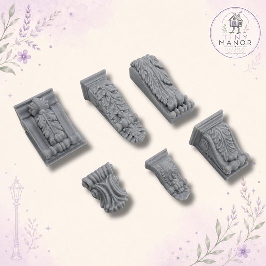 1:12 scale decorative corbels resin printed in grey and supplied unpainted, sold in pairs for miniature ceiling beams, fireplaces and dolls houses.