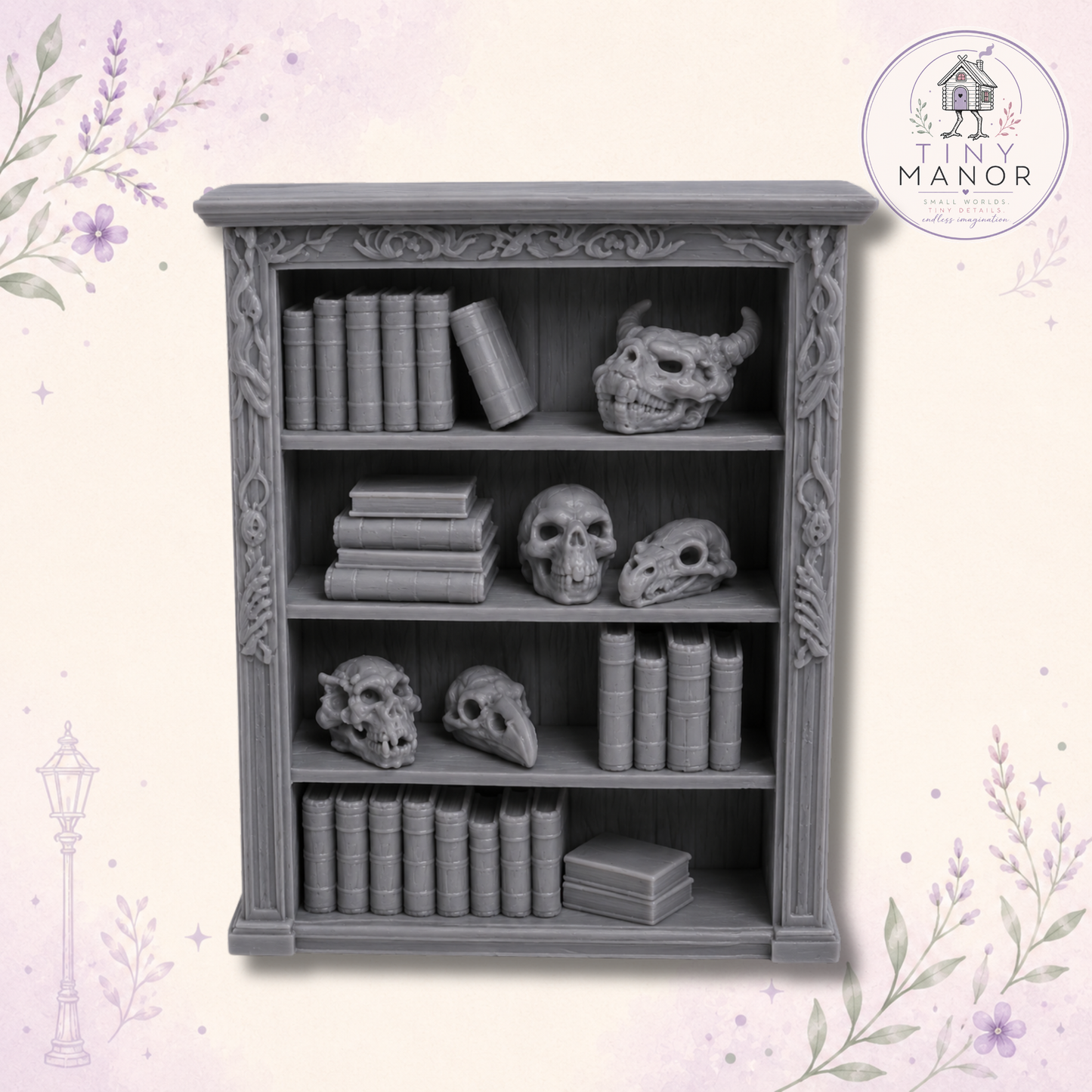 Set of five detailed resin printed fantasy skull miniatures in 1:12 scale, supplied unpainted for miniature curiosity cabinets, apothecaries and tabletop scenery.