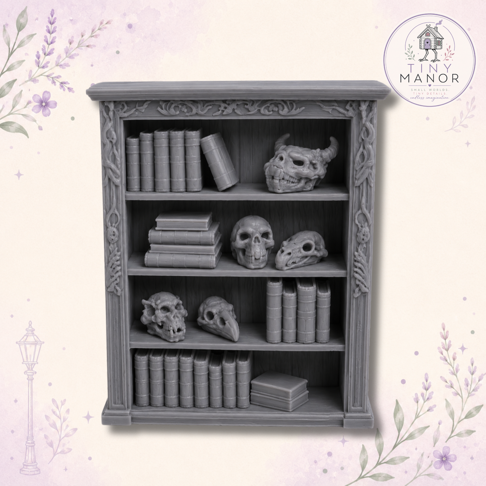 Set of five detailed resin printed fantasy skull miniatures in 1:12 scale, supplied unpainted for miniature curiosity cabinets, apothecaries and tabletop scenery.