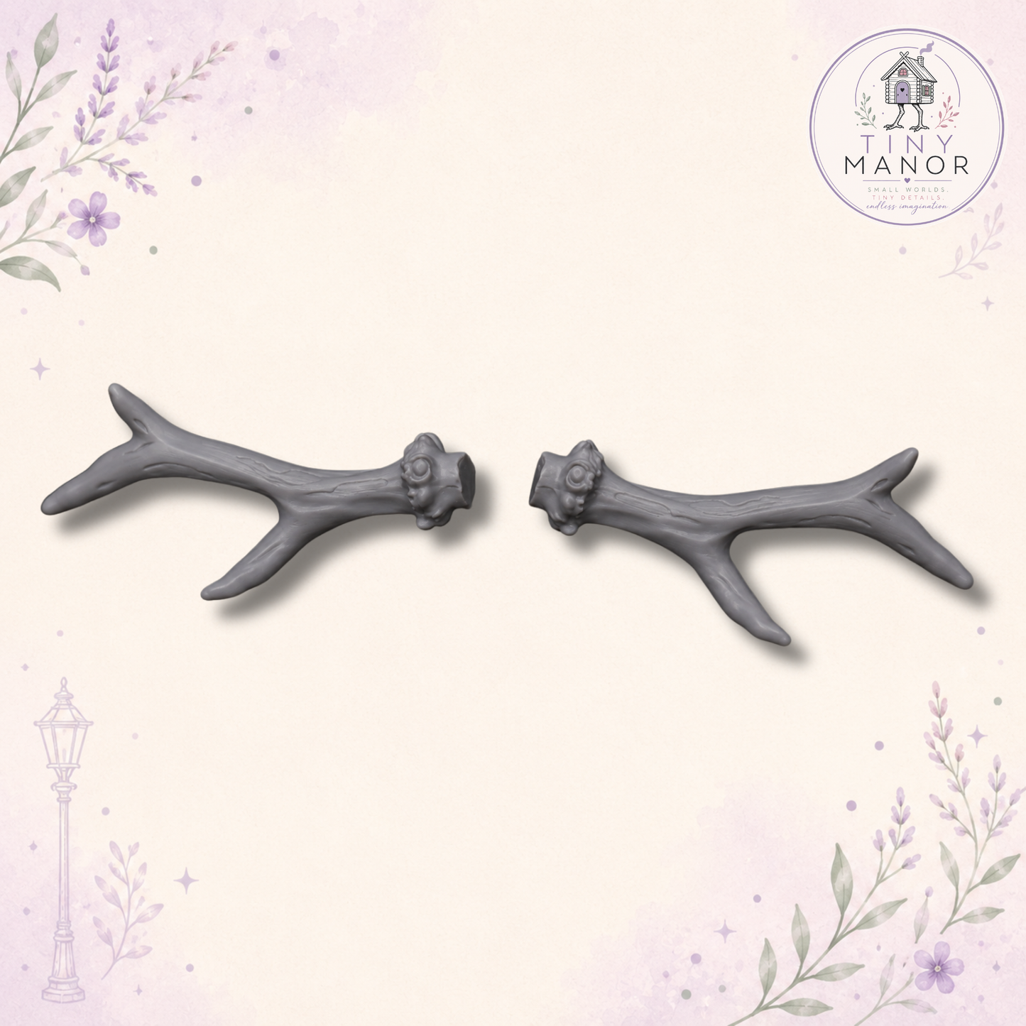 Pair of grey resin printed 1:12 scale miniature antlers for doll's houses, dioramas and craft projects.