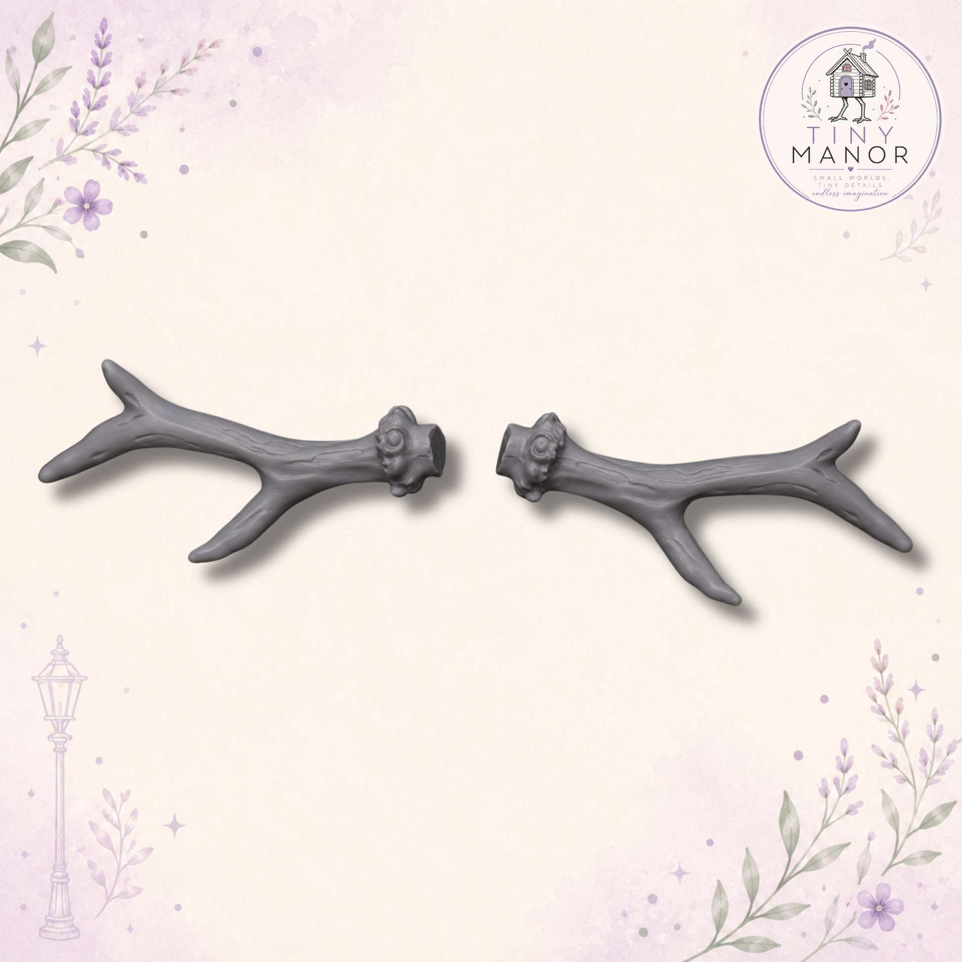 Pair of grey resin printed 1:12 scale miniature antlers for doll's houses, dioramas and craft projects.