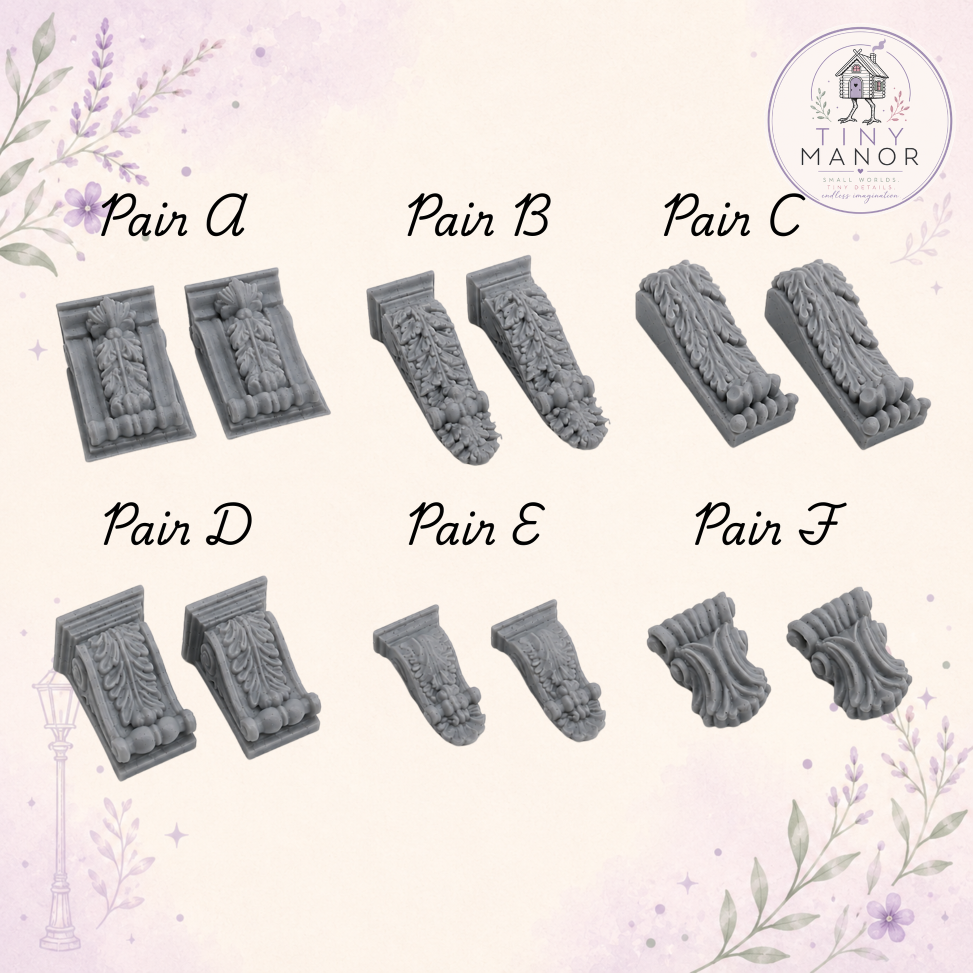 Six styles of 1:12 scale resin printed decorative corbels sold in pairs, supplied unpainted for dolls house building and architectural detailing.