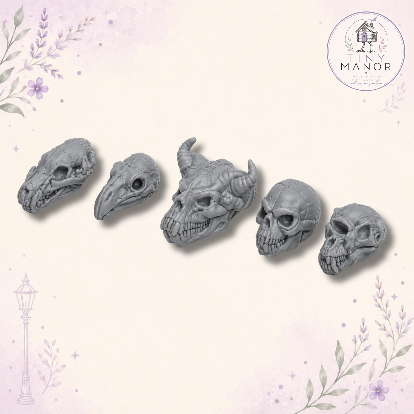 Five 1:12 scale fantasy monster skulls resin printed in grey and supplied unpainted for dolls houses, wizard studies and fantasy dioramas.