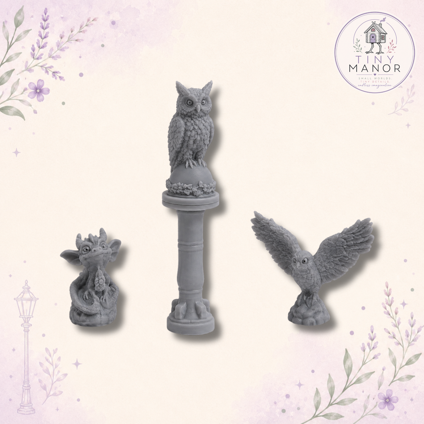 1:12 scale Witch's Magical Pets Set featuring an eared owl on a pedestal, baby dragon and phoenix, resin printed in grey and supplied unpainted for dolls houses and fantasy dioramas.