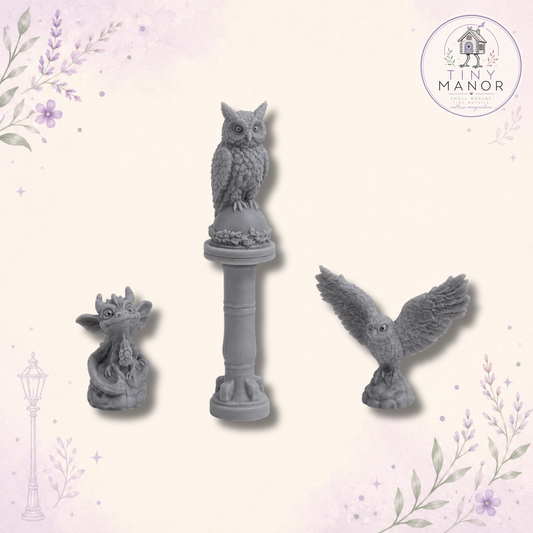 1:12 scale Witch's Magical Pets Set featuring an eared owl on a pedestal, baby dragon and phoenix, resin printed in grey and supplied unpainted for dolls houses and fantasy dioramas.