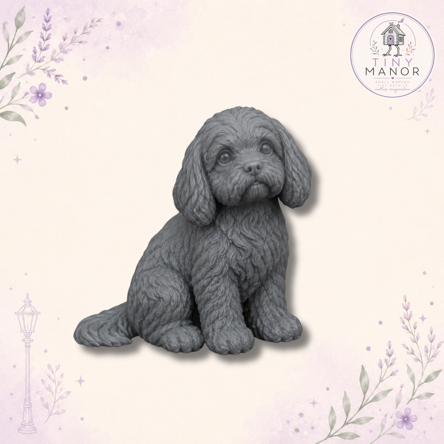 Grey resin Cockapoo miniature dog available in 1.5cm and 3cm sizes for doll's houses and dioramas.