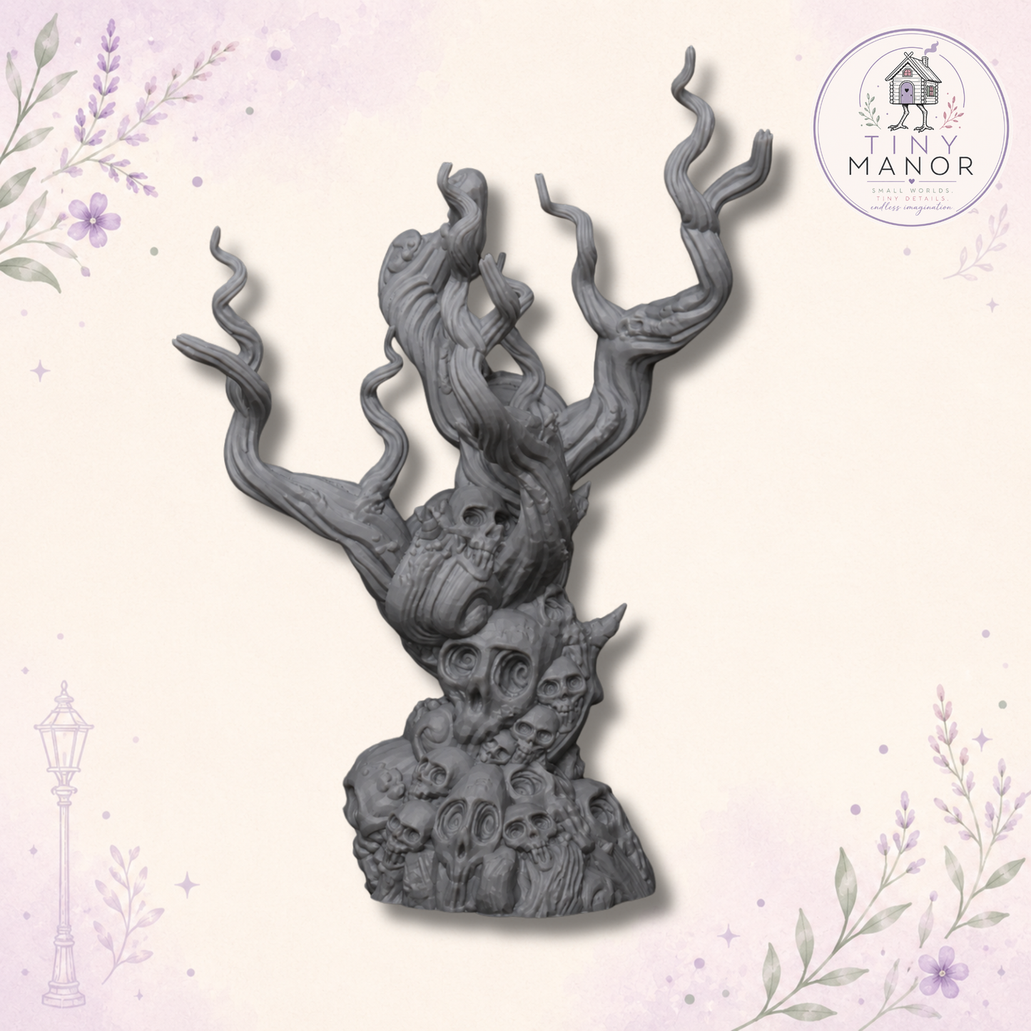 Resin printed creepy tree miniature with twisted branches and skull-covered base for doll's houses, dioramas and fantasy displays