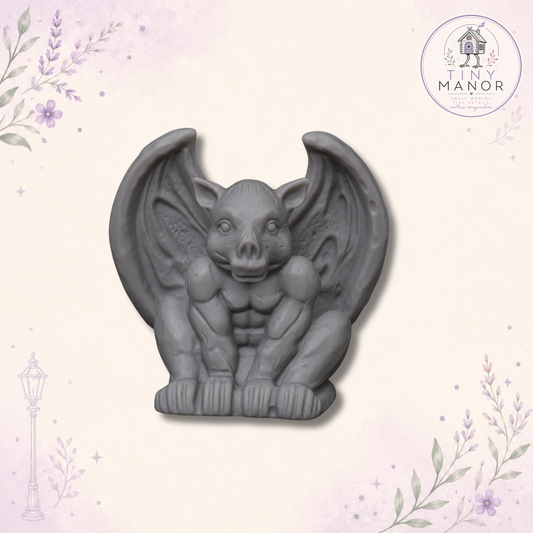 Cute 1:12 scale stone gargoyle miniature resin printed in grey for doll's houses, dioramas and fantasy displays.