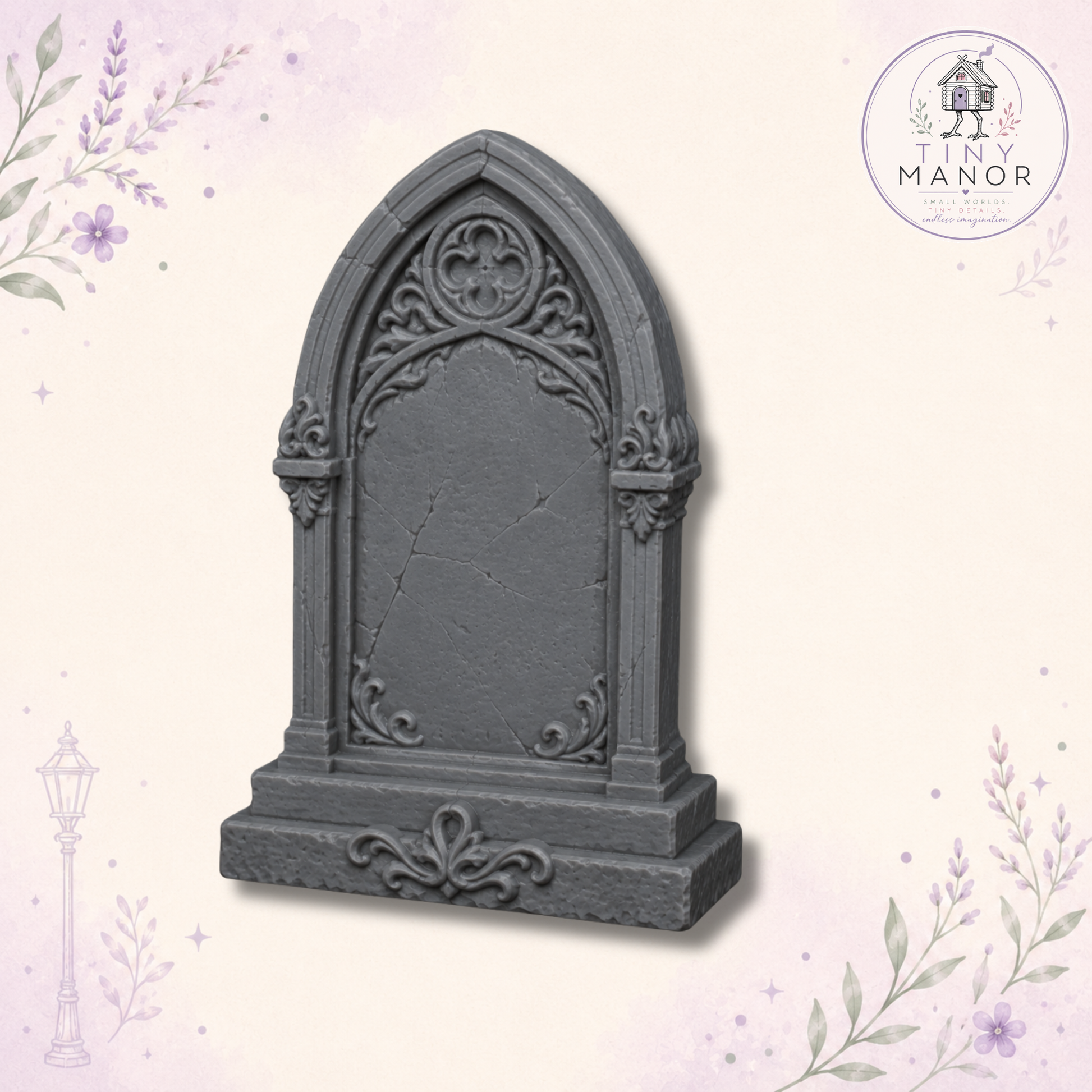 Three unpainted resin miniature gravestones with gothic detailing, perfect for doll's house displays, tabletop terrain and fantasy dioramas.