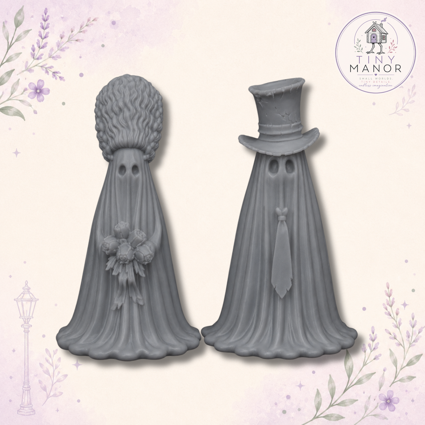 Unpainted grey resin ghost bride and groom wedding cake topper with bouquet, top hat and tie.