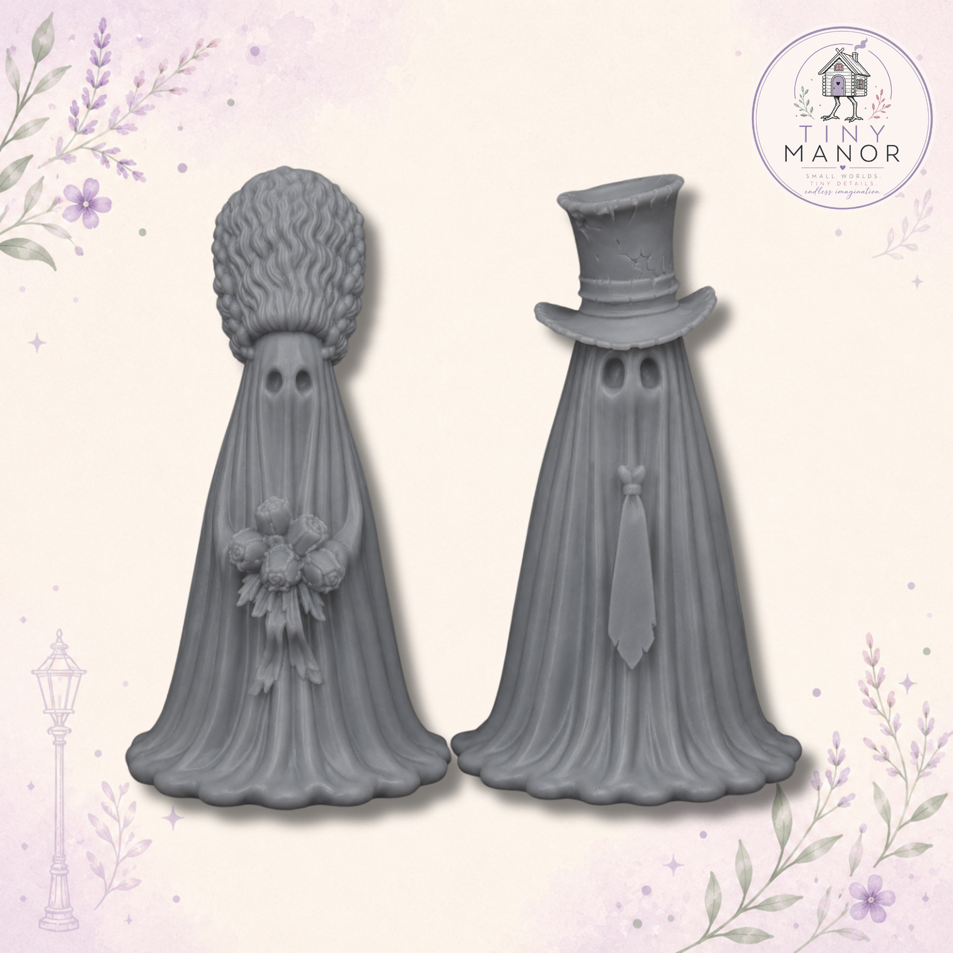 Unpainted grey resin ghost bride and groom wedding cake topper with bouquet, top hat and tie.