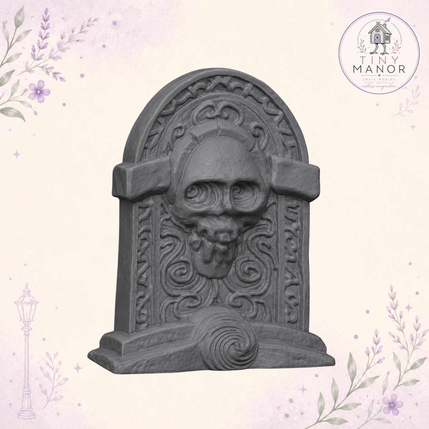 Highly detailed miniature gravestone set in grey resin, ideal for gothic dioramas, fantasy scenery and doll's house graveyard displays.