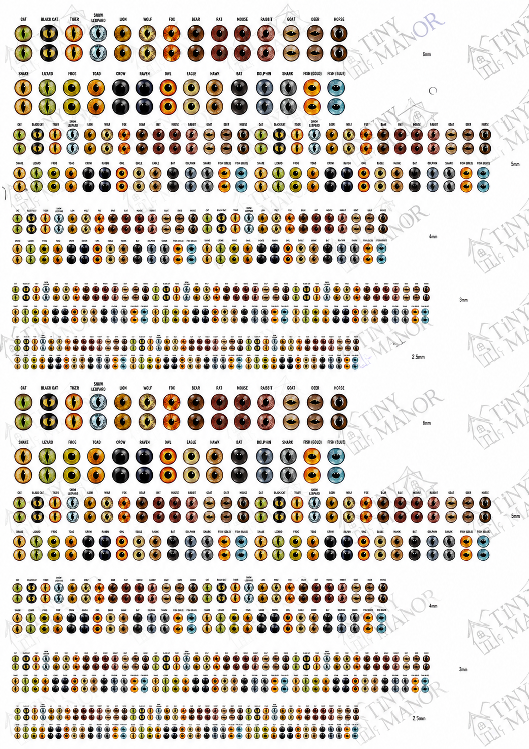 A4 sheet of miniature animal eye decals in sizes from 2.5mm to 6mm.