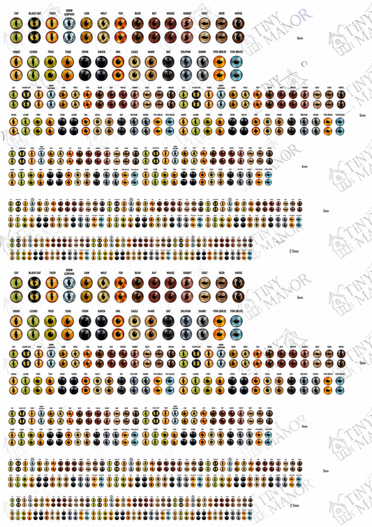 A4 sheet of miniature animal eye decals in sizes from 2.5mm to 6mm.