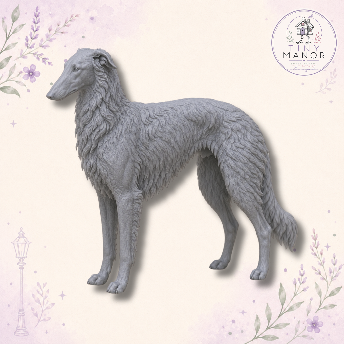 Miniature Borzoi dog standing on all four legs, resin miniature for dollhouses and dioramas