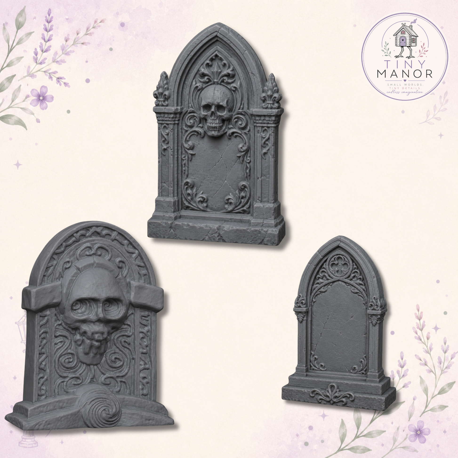 Set of three grey resin printed miniature gravestones for doll's houses, dioramas and gothic miniature graveyard scenes.