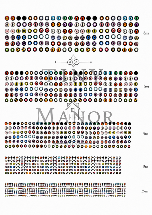 A4 sheet of colourful monster eye water-slide decals in sizes from 2.5mm to 6mm.