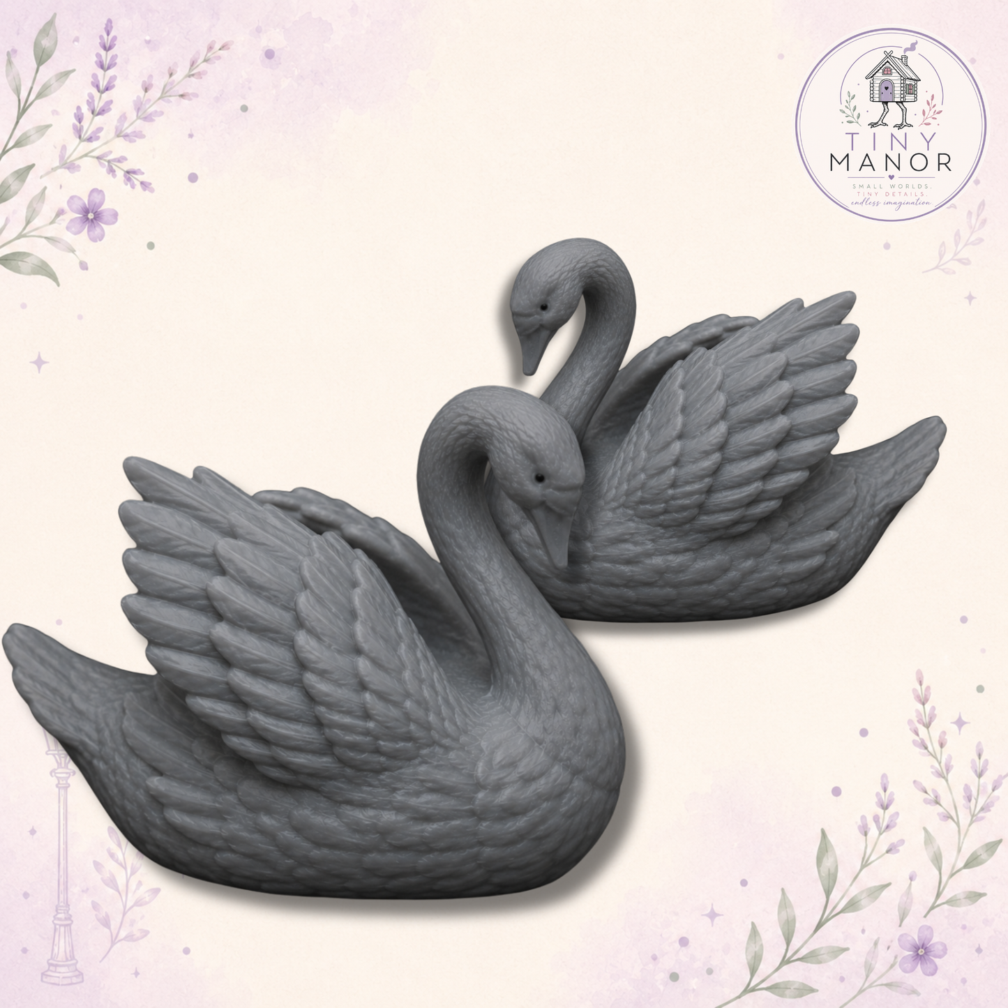 Matching pair of unpainted grey resin swans for wedding cake toppers, doll's houses and miniature displays.