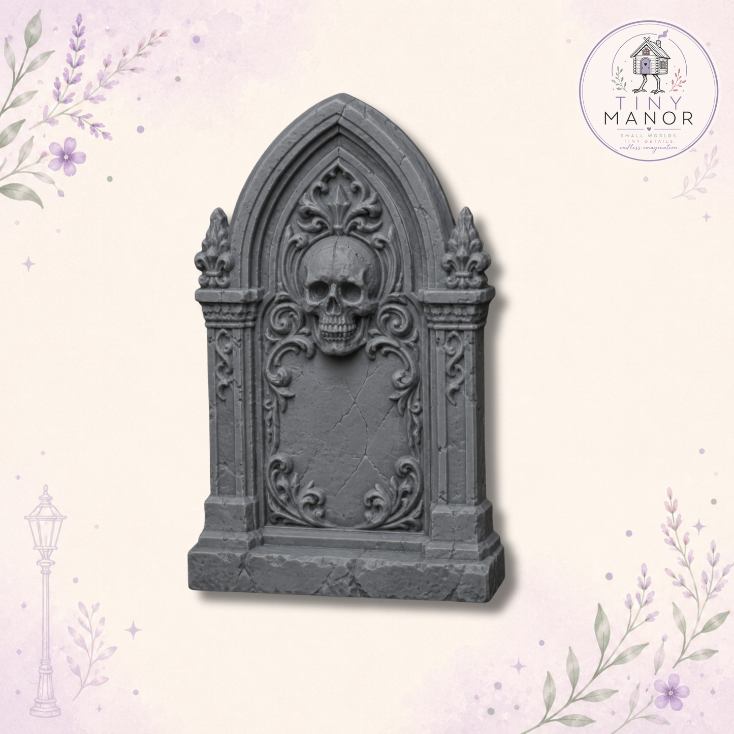 Grey resin printed set of three miniature tombstones for creating spooky doll's house cemeteries, haunted gardens and miniature landscapes.